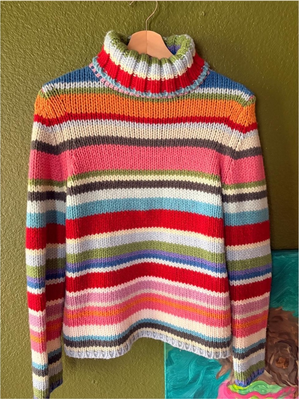 Gap 2001 Holiday Rainbow Striped Knit Turtleneck Sweater